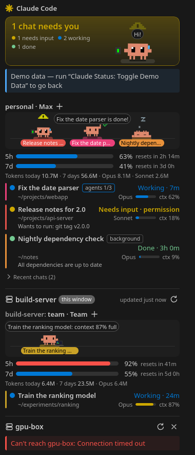 The Claude Status view in a dark theme: Clawd above "1 chat needs you", an account with three chats, its pets and plan usage bars, and an SSH host