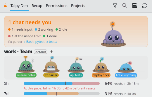 Pets reacting: a chat finishes and its pet celebrates, a new chat's pet digs up out of the ground, and the big Talpy cheers when a usage limit resets