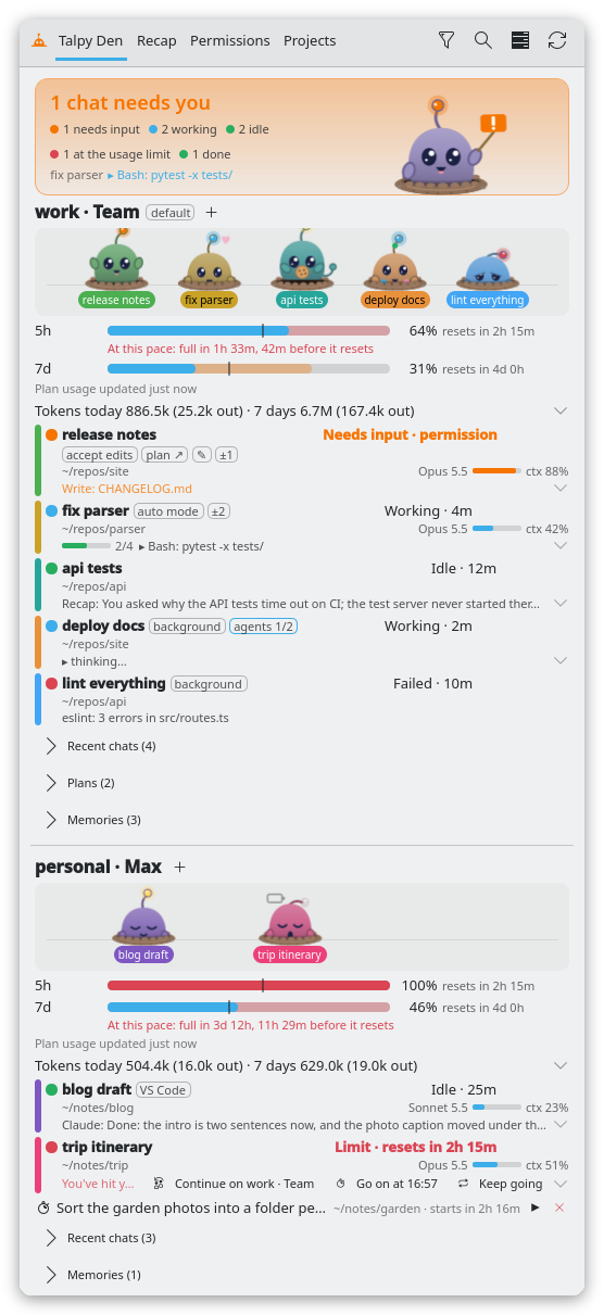 The Talpy Den popup: the big Talpy says one chat needs you; below, each account shows its chats as pets, plan usage bars, token totals and its sessions